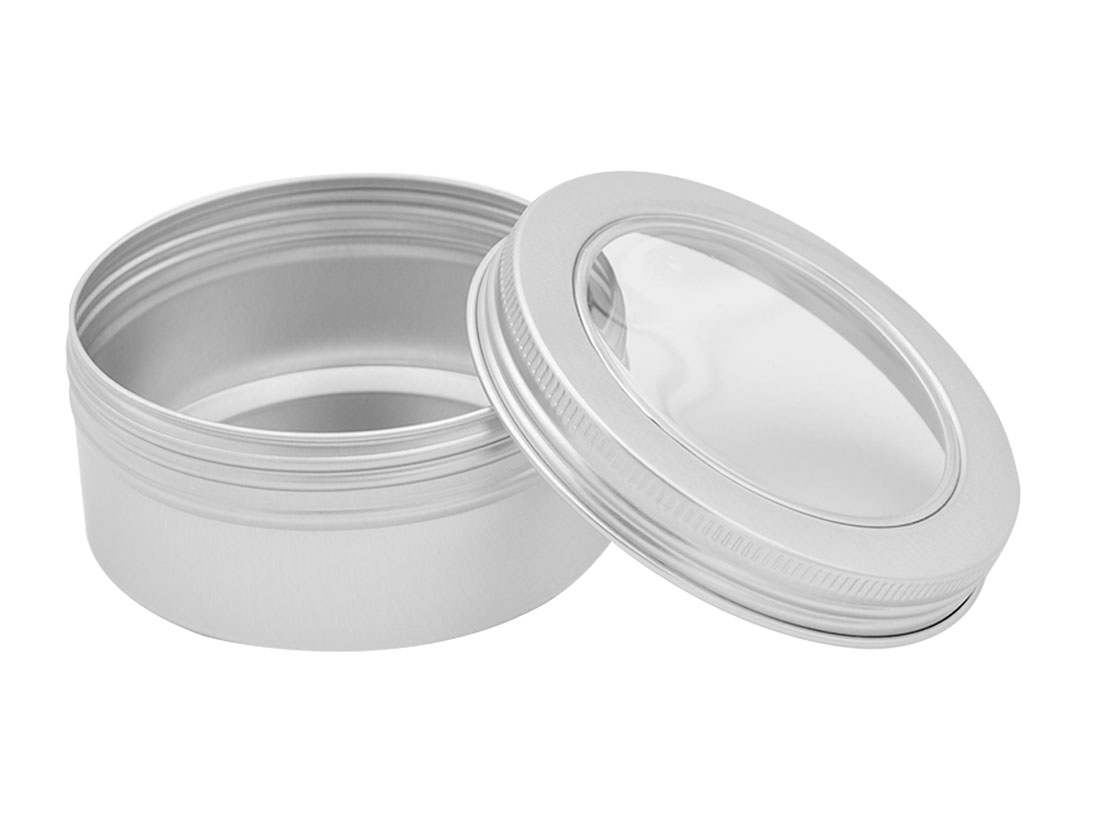 Runde Aluminiumdose mit Fenster und Schraubverschluss Runde Aluminiumdose mit Fenster und Schraubverschluss